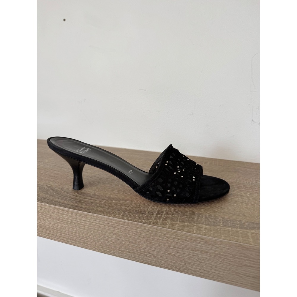 Stuart Weitzman Black Suede Laser Cut Studded Kitten Heel Mules Spain Womens 7.5
